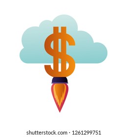 dollar rocket and clouds isolated icon