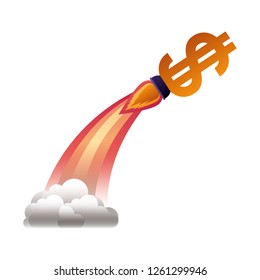dollar rocket and clouds isolated icon