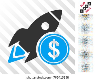 Dollar Rocket icon with 7 hundred bonus bitcoin mining and blockchain pictographs. Vector illustration style is flat iconic symbols designed for crypto currency apps.