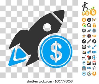 Dollar Rocket icon with bonus bitcoin mining and blockchain symbols. Vector illustration style is flat iconic symbols. Designed for crypto currency apps.