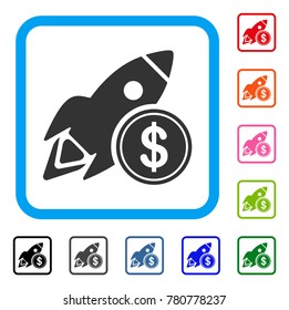 Dollar Rocket icon. Flat grey pictogram symbol inside a blue rounded rectangular frame. Black, gray, green, blue, red, orange color variants of Dollar Rocket vector.