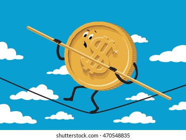 Dollar ropewalker on background with sky and clouds. Vector illustration about financial crisis.