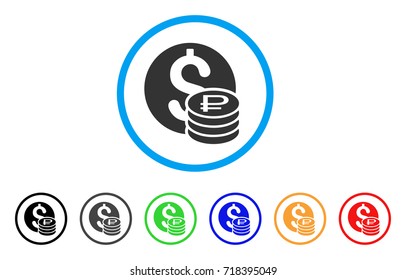Dollar And Rouble Coins rounded icon. Style is a flat dollar and rouble coins grey symbol inside light blue circle with black, gray, green, blue, red, orange variants.