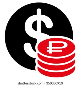 Dollar And Rouble Coins vector icon. Style is bicolor flat symbol, intensive red and black colors, rounded angles, white background.