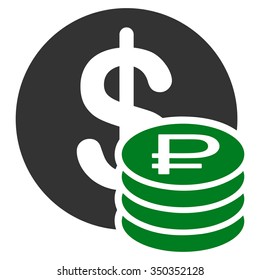 Dollar And Rouble Coins vector icon. Style is bicolor flat symbol, green and gray colors, rounded angles, white background.