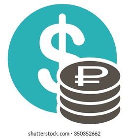 Dollar And Rouble Coins vector icon. Style is bicolor flat symbol, grey and cyan colors, rounded angles, white background.