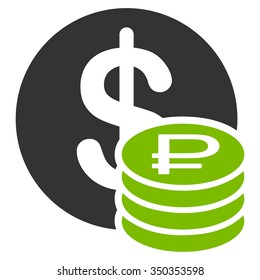 Dollar And Rouble Coins vector icon. Style is bicolor flat symbol, eco green and gray colors, rounded angles, white background.