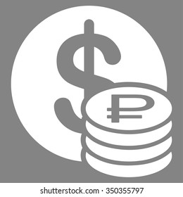 Dollar And Rouble Coins vector icon. Style is flat symbol, white color, rounded angles, gray background.
