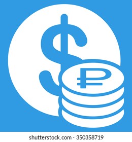 Dollar And Rouble Coins vector icon. Style is flat symbol, white color, rounded angles, blue background.