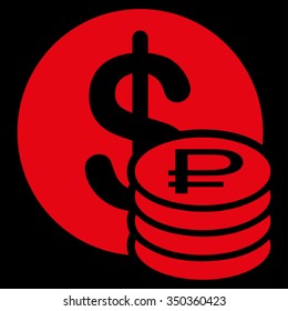 Dollar And Rouble Coins vector icon. Style is flat symbol, red color, rounded angles, black background.