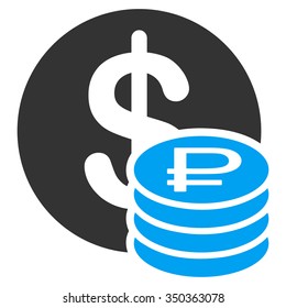 Dollar And Rouble Coins vector icon. Style is bicolor flat symbol, blue and gray colors, rounded angles, white background.