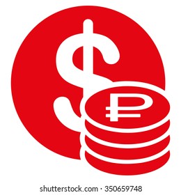 Dollar And Rouble Coins vector icon. Style is flat symbol, red color, rounded angles, white background.