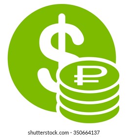 Dollar And Rouble Coins vector icon. Style is flat symbol, eco green color, rounded angles, white background.
