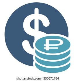 Dollar And Rouble Coins vector icon. Style is bicolor flat symbol, cyan and blue colors, rounded angles, white background.