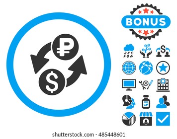 Dollar Rouble Exchange icon with bonus symbols. Vector illustration style is flat iconic bicolor symbols, blue and gray colors, white background.