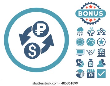 Dollar Rouble Exchange icon with bonus elements. Vector illustration style is flat iconic bicolor symbols, cyan and blue colors, white background.