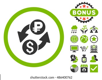 Dollar Rouble Exchange icon with bonus pictures. Vector illustration style is flat iconic bicolor symbols, eco green and gray colors, white background.