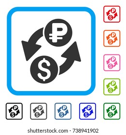 Dollar Rouble Exchange icon. Flat gray iconic symbol inside a light blue rounded squared frame. Black, gray, green, blue, red, orange color versions of Dollar Rouble Exchange vector.