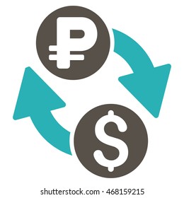 Dollar Rouble Exchange icon. Vector style is bicolor flat iconic symbol with rounded angles, grey and cyan colors, white background.