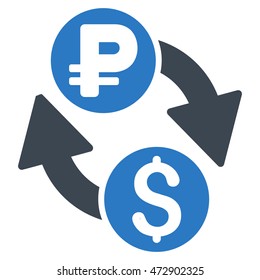 Dollar Rouble Exchange icon. Vector style is bicolor flat iconic symbol with rounded angles, smooth blue colors, white background.