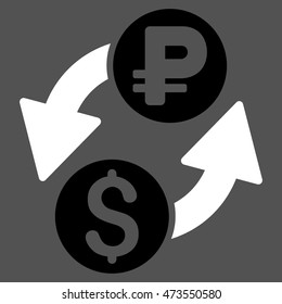 Dollar Rouble Exchange icon. Vector style is bicolor flat iconic symbol with rounded angles, black and white colors, gray background.