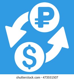 Dollar Rouble Exchange icon. Vector style is flat iconic symbol with rounded angles, white color, blue background.