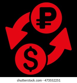 Dollar Rouble Exchange icon. Vector style is flat iconic symbol with rounded angles, red color, black background.