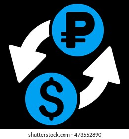 Dollar Rouble Exchange icon. Vector style is bicolor flat iconic symbol with rounded angles, blue and white colors, black background.