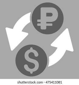 Dollar Rouble Exchange icon. Vector style is bicolor flat iconic symbol with rounded angles, dark gray and white colors, silver background.