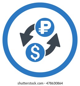 Dollar Rouble Exchange rounded icon. Vector illustration style is flat iconic bicolor symbol, smooth blue colors, white background.