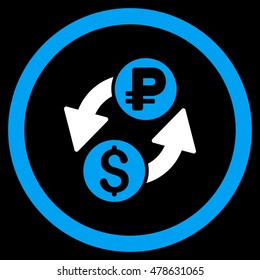 Dollar Rouble Exchange rounded icon. Vector illustration style is flat iconic bicolor symbol, blue and white colors, black background.