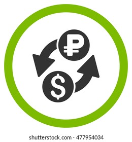 Dollar Rouble Exchange vector bicolor rounded icon. Image style is a flat icon symbol inside a circle, eco green and gray colors, white background.