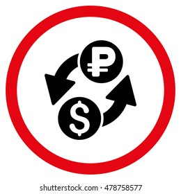 Dollar Rouble Exchange vector bicolor rounded icon. Image style is a flat icon symbol inside a circle, intensive red and black colors, white background.