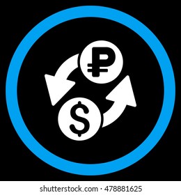 Dollar Rouble Exchange vector bicolor rounded icon. Image style is a flat icon symbol inside a circle, blue and white colors, black background.