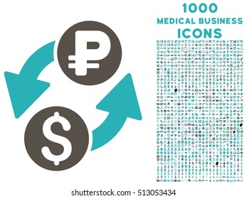 Dollar Rouble Exchange vector bicolor icon with 1000 medical business icons. Set style is flat pictograms, grey and cyan colors, white background.