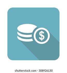Dollar rouleau icon, square, with long shadow, isolated on white