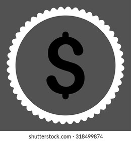 Dollar round stamp icon. This flat vector symbol is drawn with black and white colors on a gray background.