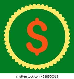 Dollar round stamp icon. This flat vector symbol is drawn with orange and yellow colors on a green background.