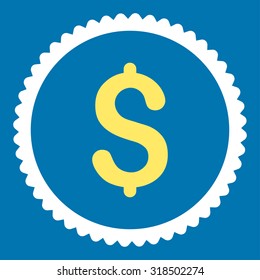 Dollar round stamp icon. This flat vector symbol is drawn with yellow and white colors on a blue background.