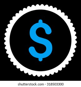 Dollar round stamp icon. This flat vector symbol is drawn with blue and white colors on a black background.