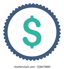 Dollar round stamp icon. This flat vector symbol is drawn with cobalt and cyan colors on a white background.