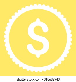 Dollar round stamp icon. This flat vector symbol is drawn with white color on a yellow background.