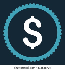 Dollar round stamp icon. This flat vector symbol is drawn with blue and white colors on a dark blue background.