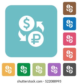Dollar Ruble exchange flat icons on simple color square background.