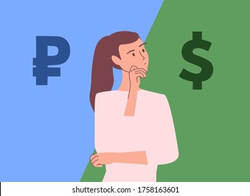 Dollar to ruble exchange rate. Speculation, game on the currency exchange. Person thinks, chooses in what currency to store money. Currency operations, buying and selling. Сhoice between ruble, dollar