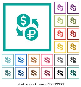 Dollar Ruble money exchange flat color icons with quadrant frames on white background
