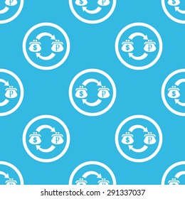 Dollar and ruble purses with exchange symbol in circle, repeated on blue background