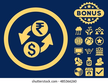 Dollar Rupee Exchange icon with bonus images. Vector illustration style is flat iconic symbols, yellow color, blue background.