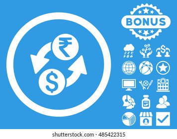 Dollar Rupee Exchange icon with bonus pictogram. Vector illustration style is flat iconic symbols, white color, blue background.