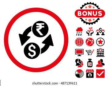 Dollar Rupee Exchange icon with bonus symbols. Vector illustration style is flat iconic bicolor symbols, intensive red and black colors, white background.